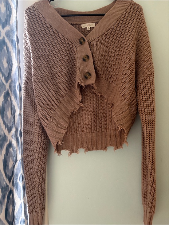 Ultra Flirt Sweaters - Ultra Flirt Cropped Distressed Knit Cardigan - Taupe Brown